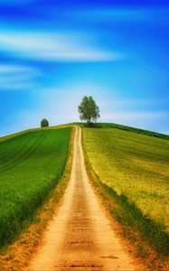 Preview wallpaper field, grass, summer, road, sky, hill