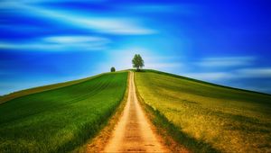 Preview wallpaper field, grass, summer, road, sky, hill