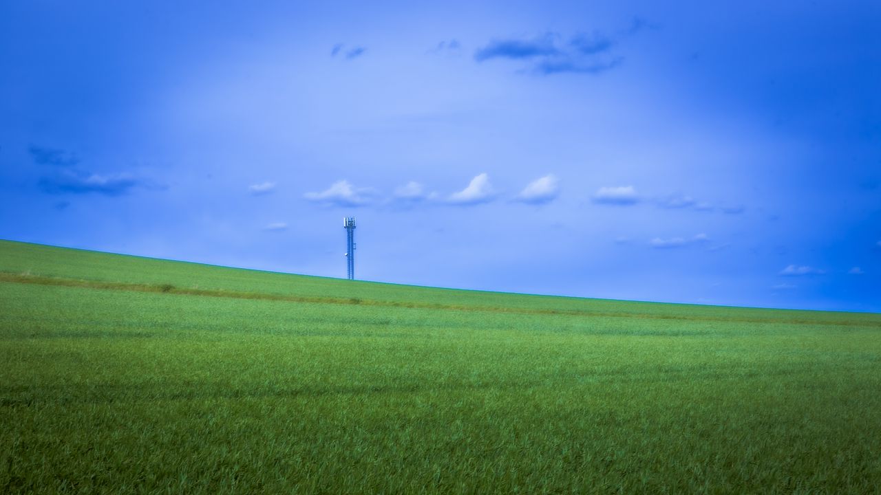 Wallpaper field, grass, tower, sky, nature, minimalism