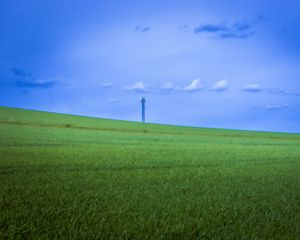 Preview wallpaper field, grass, tower, sky, nature, minimalism