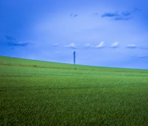 Preview wallpaper field, grass, tower, sky, nature, minimalism