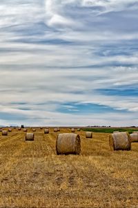 Preview wallpaper field, hay, haystack, sky, clouds
