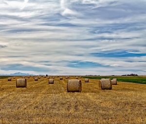 Preview wallpaper field, hay, haystack, sky, clouds