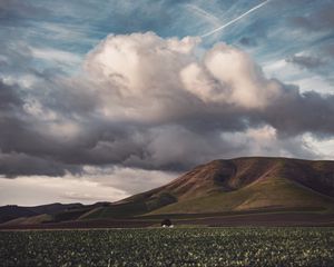 Preview wallpaper field, hills, clouds, landscape, relief