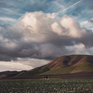 Preview wallpaper field, hills, clouds, landscape, relief