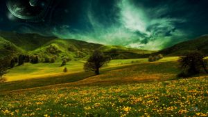 Preview wallpaper field, hills, flowers, landscape