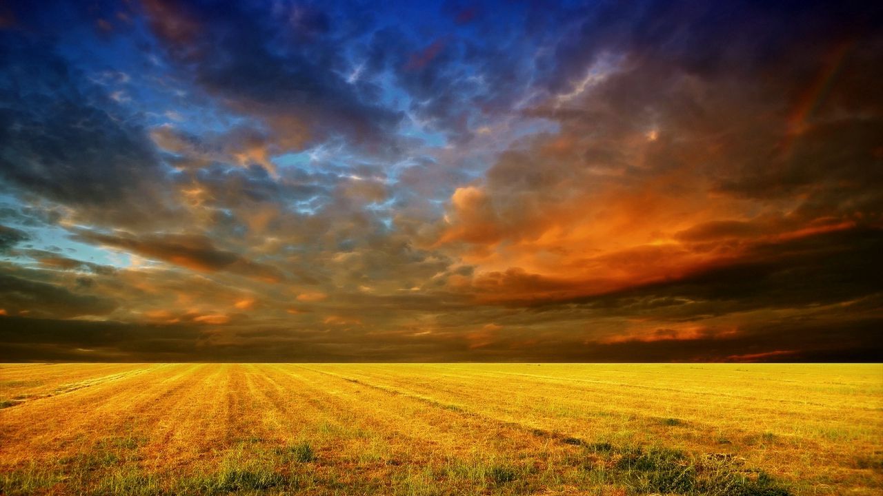 Wallpaper field, horizon, clouds, layers, veil, cloudy, bad weather