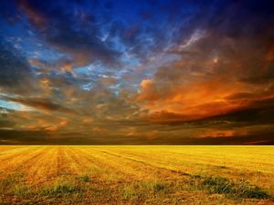 Preview wallpaper field, horizon, clouds, layers, veil, cloudy, bad weather