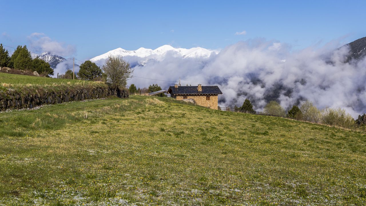 Wallpaper field, house, clouds, mountains, nature