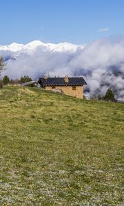 Preview wallpaper field, house, clouds, mountains, nature