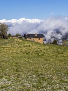 Preview wallpaper field, house, clouds, mountains, nature