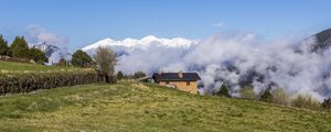 Preview wallpaper field, house, clouds, mountains, nature