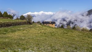 Preview wallpaper field, house, clouds, mountains, nature