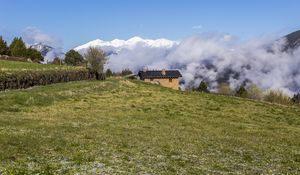 Preview wallpaper field, house, clouds, mountains, nature
