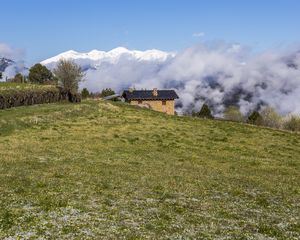 Preview wallpaper field, house, clouds, mountains, nature