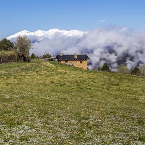 Preview wallpaper field, house, clouds, mountains, nature