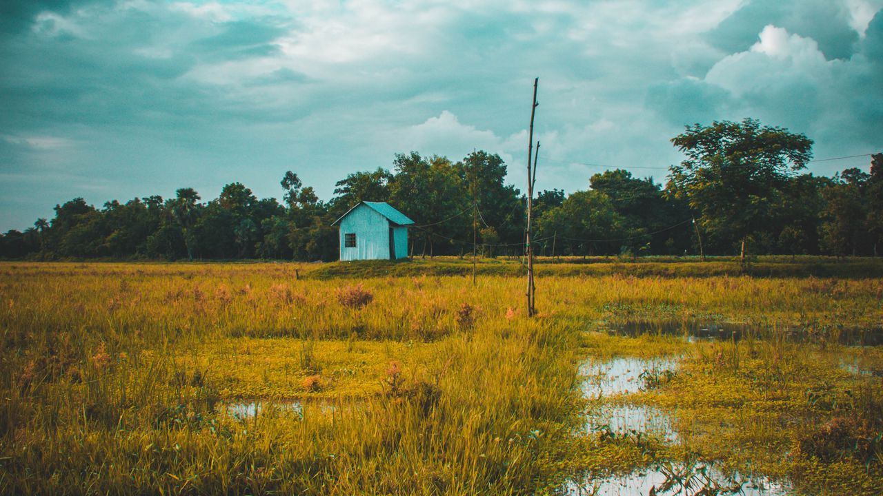 Wallpaper field, house, lake, twilight, grass, clouds