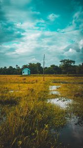 Preview wallpaper field, house, lake, twilight, grass, clouds