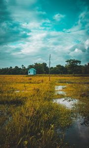 Preview wallpaper field, house, lake, twilight, grass, clouds