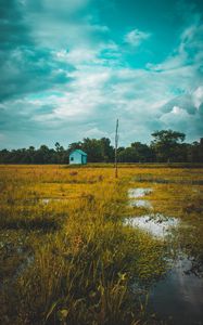 Preview wallpaper field, house, lake, twilight, grass, clouds