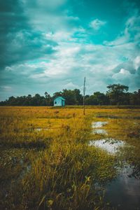 Preview wallpaper field, house, lake, twilight, grass, clouds
