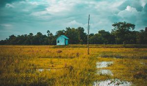 Preview wallpaper field, house, lake, twilight, grass, clouds
