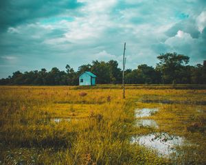 Preview wallpaper field, house, lake, twilight, grass, clouds