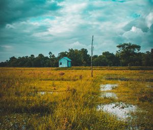 Preview wallpaper field, house, lake, twilight, grass, clouds