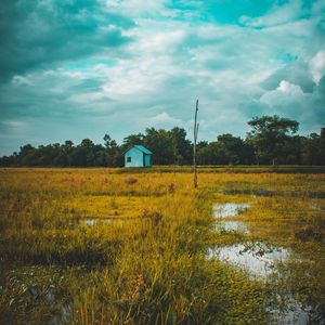 Preview wallpaper field, house, lake, twilight, grass, clouds