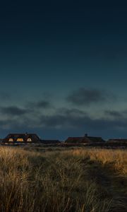 Preview wallpaper field, houses, path, grass, sunset, twilight, denmark