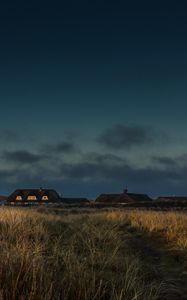 Preview wallpaper field, houses, path, grass, sunset, twilight, denmark