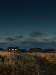 Preview wallpaper field, houses, path, grass, sunset, twilight, denmark