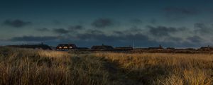 Preview wallpaper field, houses, path, grass, sunset, twilight, denmark