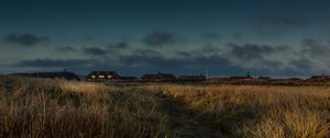 Preview wallpaper field, houses, path, grass, sunset, twilight, denmark