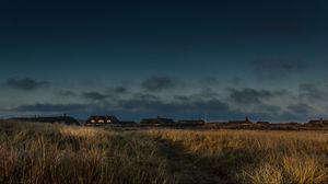 Preview wallpaper field, houses, path, grass, sunset, twilight, denmark