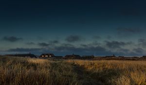 Preview wallpaper field, houses, path, grass, sunset, twilight, denmark