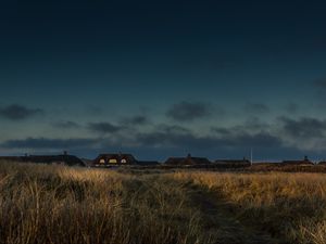 Preview wallpaper field, houses, path, grass, sunset, twilight, denmark