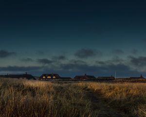 Preview wallpaper field, houses, path, grass, sunset, twilight, denmark