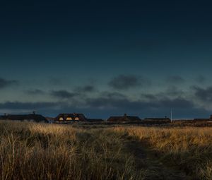 Preview wallpaper field, houses, path, grass, sunset, twilight, denmark