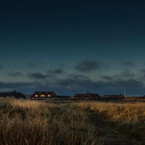 Preview wallpaper field, houses, path, grass, sunset, twilight, denmark