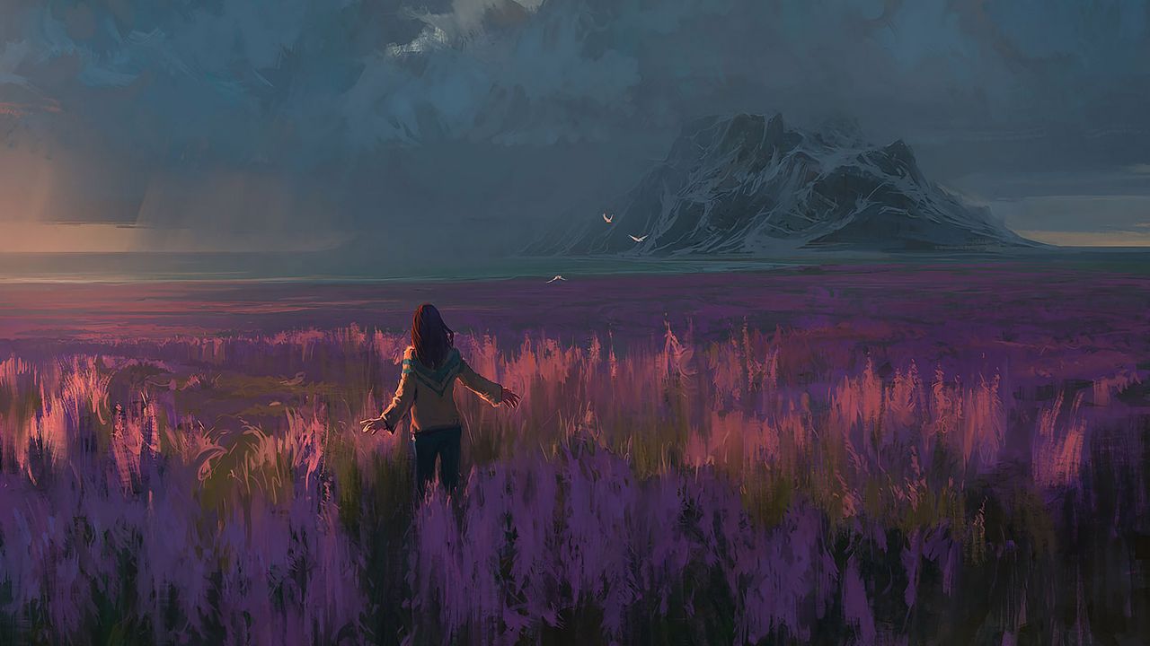 Wallpaper field, lavender, girl, art, freedom