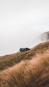 Preview wallpaper field, meadow, house, fog