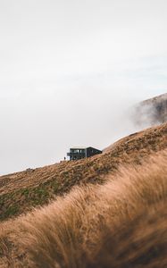 Preview wallpaper field, meadow, house, fog