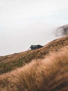 Preview wallpaper field, meadow, house, fog