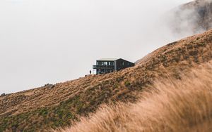 Preview wallpaper field, meadow, house, fog