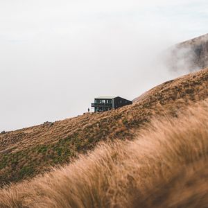 Preview wallpaper field, meadow, house, fog