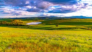 Preview wallpaper field, meadow, pond, sky, view, landscape, summer
