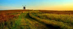 Preview wallpaper field, mill, horizon, summer, grass, sunset