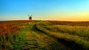 Preview wallpaper field, mill, horizon, summer, grass, sunset