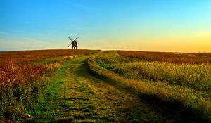 Preview wallpaper field, mill, horizon, summer, grass, sunset